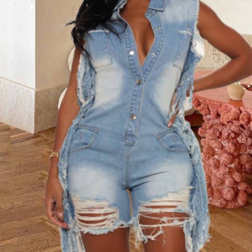 Plus Size Denim Ripped Hole Tassel Jeans Romper